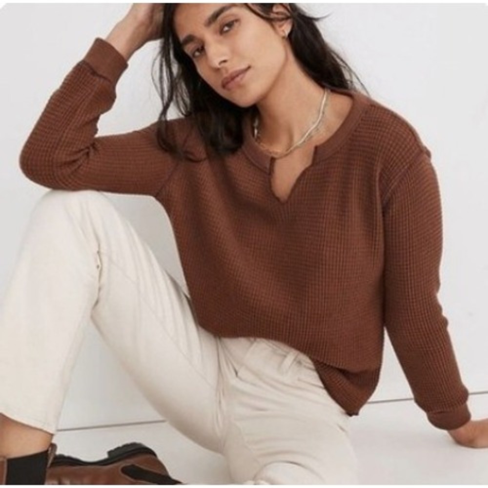 Madewell Chocolate Brown Waffle Knit Henley Long Sleeve Top Boxy‎ Crop Grunge S
